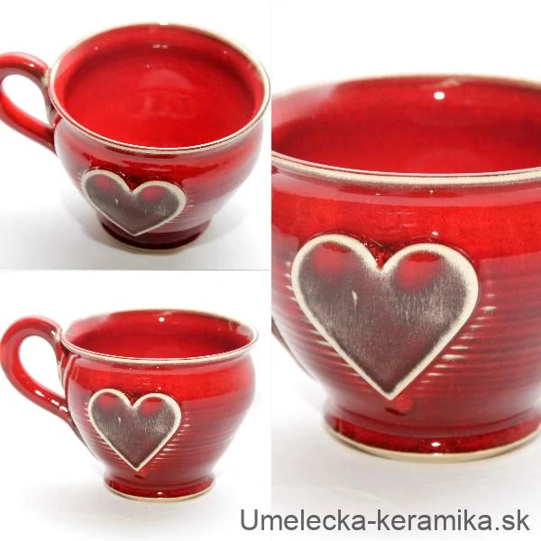Keramická šálka - hrnček na kávu - cappuccino - čaj so srdiečkom - 300 ml - červená - ručná výroba